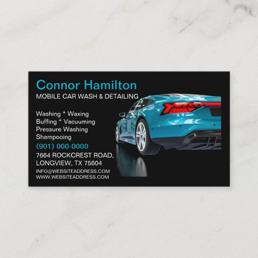 Elegant Zwart Blauw Mobiel Auto Wash Detail Visitekaartje (Voorkant)