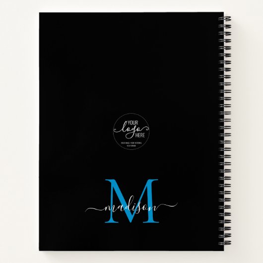 Elegant Zwart Blauw Monogram Custom Logo Script Notitieboek (Achterkant)
