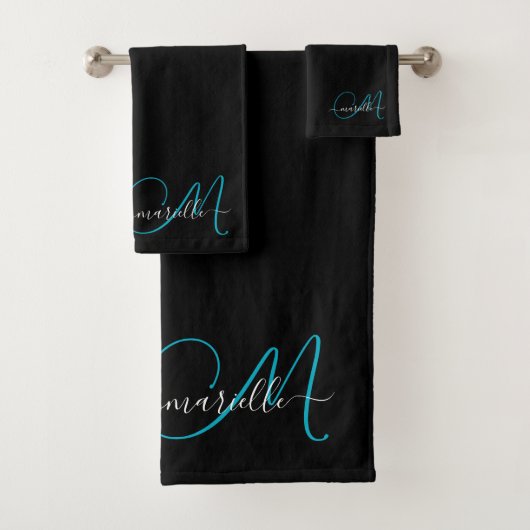 Elegant zwart blauw monogram scriptnaam bad handdoek (Insitu)