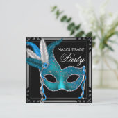 Elegant zwart Blauwgroen blauw Masquerade Party Kaart (Staand voorkant)
