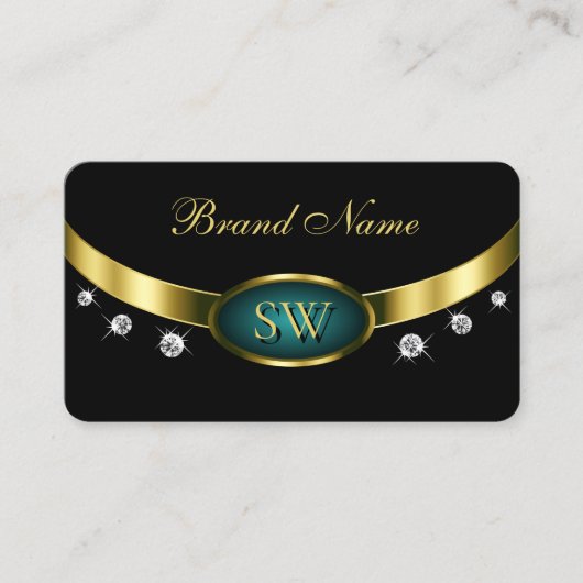 Elegant zwart Blauwgroen goud met monogram en diam Visitekaartje (Voorkant)