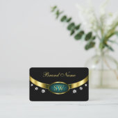 Elegant zwart Blauwgroen goud met monogram en diam Visitekaartje (Staand voorkant)