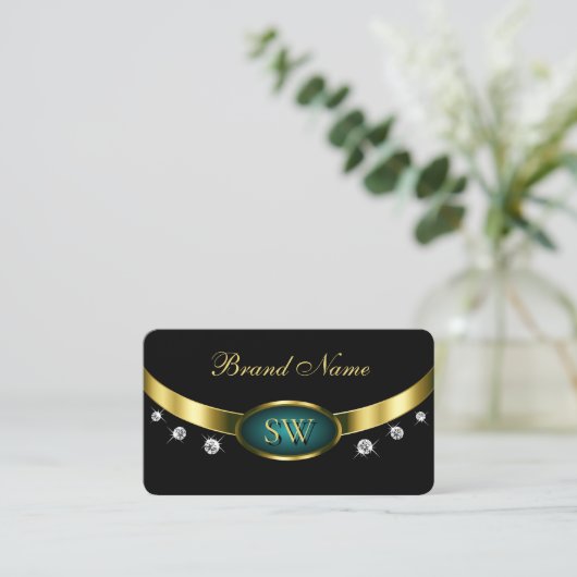 Elegant zwart Blauwgroen goud met monogram en diam Visitekaartje (Staand voorkant)