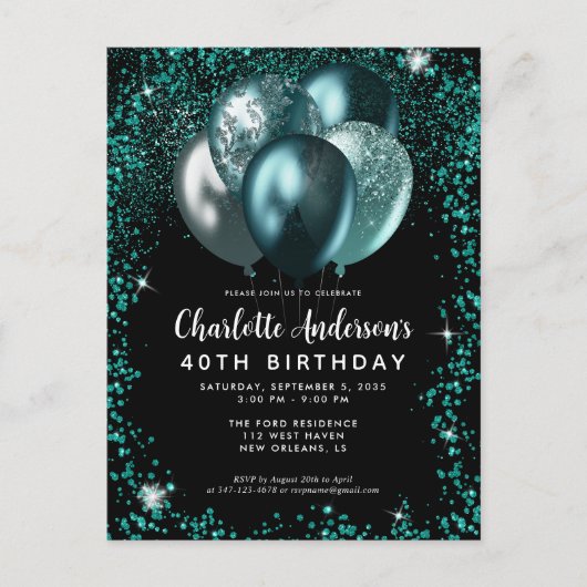 Elegant Zwart Blauwgroen Groen Glitter Balloon Ver Briefkaart (Voorkant)