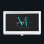 Elegant Zwart Blauwgroen Groen Monogram Chique Scr Visitekaarthouder<br><div class="desc">Elegant Zwart Blauwgroen Groen Monogram Girly Script Naam Business Card Case</div>