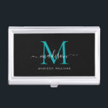 Elegant Zwart Blauwgroen Groen Monogram Chique Scr Visitekaarthouder<br><div class="desc">Elegant Zwart Blauwgroen Groen Monogram Girly Script Naam Business Card Case</div>