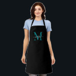 Elegant zwart Blauwgroen Monogram Girly Vrouwelijk Schort<br><div class="desc">Eenvoudig zwart Blauwgroen monogram Elegant Feminine Script Schort</div>
