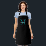 Elegant zwart Blauwgroen Monogram Girly Vrouwelijk Schort<br><div class="desc">Eenvoudig zwart Blauwgroen monogram Elegant Feminine Script Schort</div>