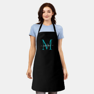 Elegant zwart Blauwgroen Monogram Girly Vrouwelijk Schort