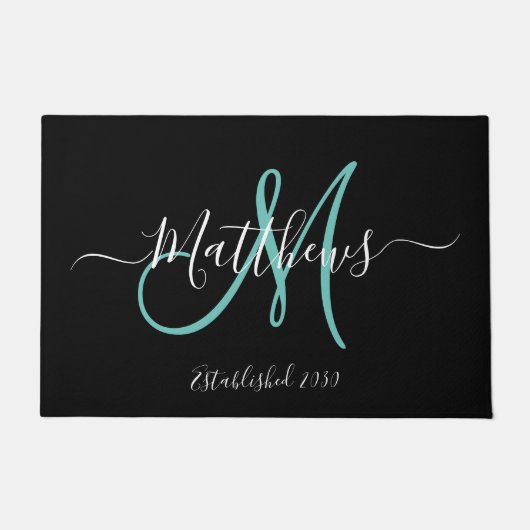 Elegant zwart Blauwgroen Monogram Script Familiena Deurmat (Voorkant)