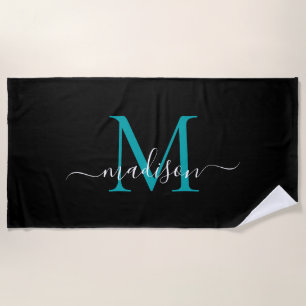 Elegant zwart Blauwgroen Monogram Vrouwelijk Girly Strandlaken