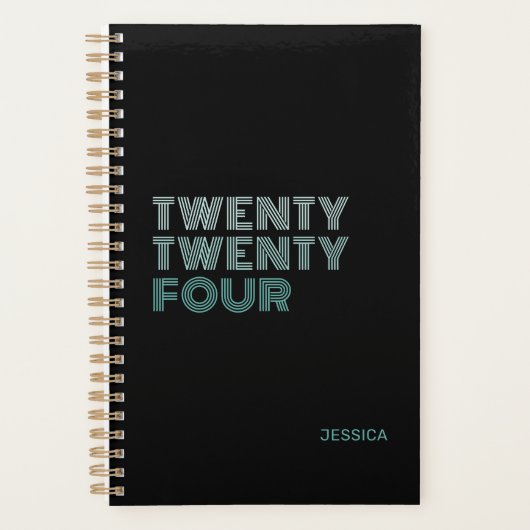 Elegant Zwart Blauwgroen Retro Naam Pas 2024 aan Planner (Voorkant)