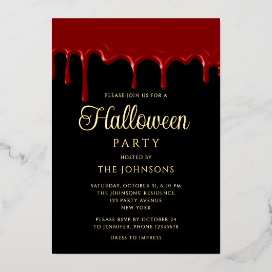 Elegant zwart bloed druipend Halloween goud Folie Uitnodiging (Voorkant)