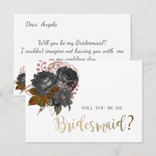 Elegant Zwart Bloemen Bruidsmeisje Kaart (Voorkant / Achterkant)