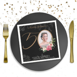 Elegant Zwart Bloemen Custom 50e Verjaardag Servet