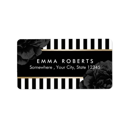 Elegant Zwart Bloemen Modern Zwart & Wit Strepen Etiket (Voorkant)