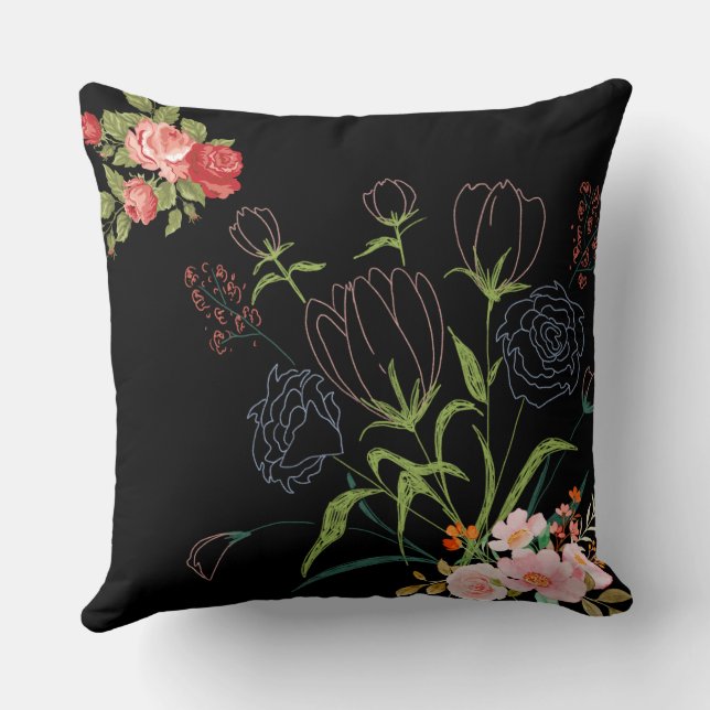 Elegant Zwart Bloemen Sierkussen – Vierkant kussen (Achterkant)