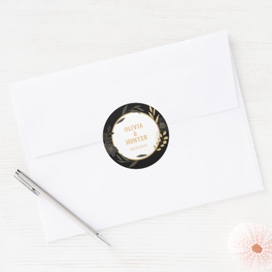 Elegant Zwart Bloemen, Zwart & Wit bruiloft Ronde Sticker (Envelop)