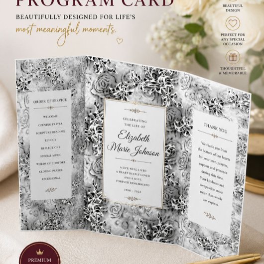 Elegant zwart bloemend huwelijksprogramma drieluik programma