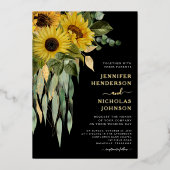 Elegant zwart bloemengoud folie uitnodiging (Voorkant)