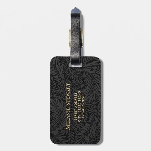 Elegant zwart bloemengoud monogram bagagelabel (Achterkant verticaal)