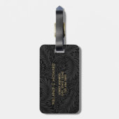 Elegant zwart bloemengoud monogram bagagelabel (Achterkant verticaal)