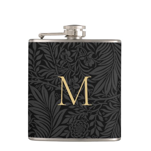 Elegant zwart bloemengoud monogram heupfles (Voorkant)