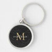Elegant zwart bloemengoud monogram sleutelhanger (Voorkant)