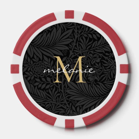 Elegant  zwart bloemengoud script monogram poker chips (Voorkant)