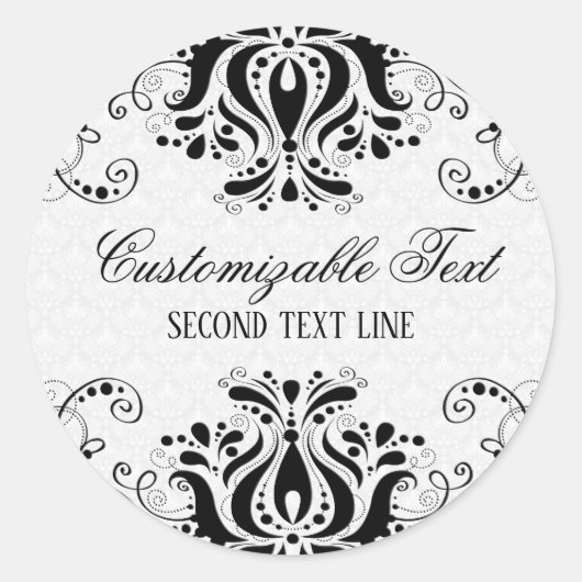 Elegant zwart bloemenkant & witte damast ronde sticker (Voorkant)