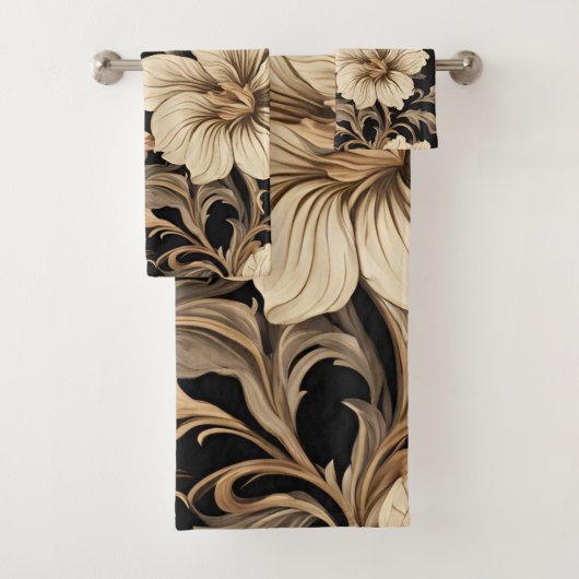 Elegant  zwart bloemenpatroon bad handdoek (Insitu)