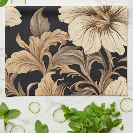 Elegant zwart bloemenpatroon theedoek (Gevouwen)