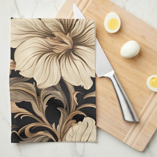 Elegant zwart bloemenpatroon theedoek (Quarter Fold)