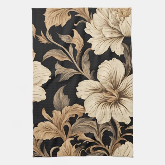 Elegant  zwart bloemenpatroon theedoek (Verticaal)