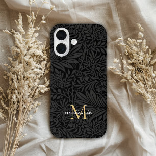 Elegant zwart bloemenscript monogram iPhone 16 hoesje
