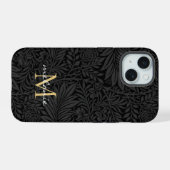 Elegant zwart bloemenscript monogram iPhone 15 case (Achterkant horizontaal)