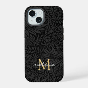 Elegant zwart bloemenscript monogram iPhone 15 case
