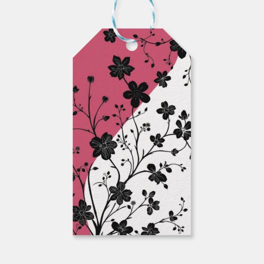 Elegant zwart bloemensilhouet op roze en wit cadeaulabel (Achterkant)