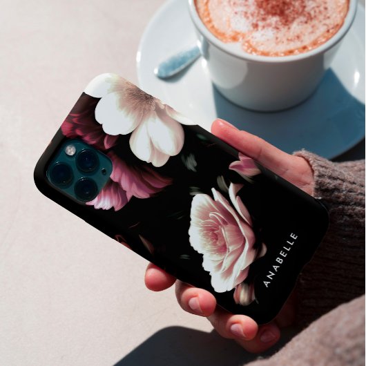 Elegant zwart bloemig botanisch monogram Case-Mate iPhone case