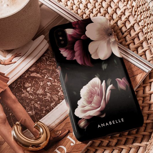 Elegant zwart bloemig botanisch monogram Case-Mate iPhone case