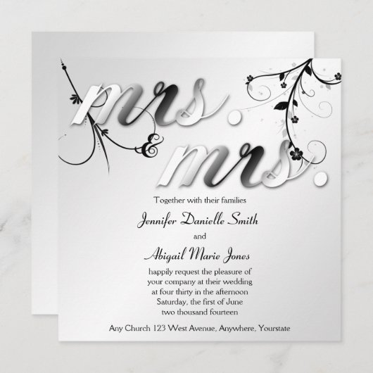 Elegant zwart bloemig mevrouw & mevrouw bruiloft u kaart (Voorkant / Achterkant)