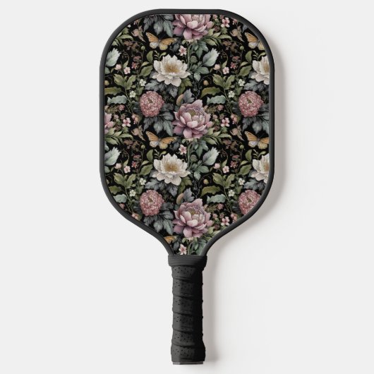 Elegant zwart bloemig pickleball paddle (Voorkant)