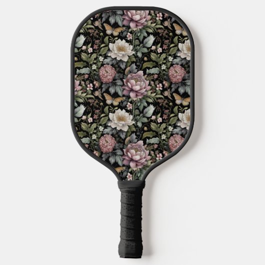 Elegant  zwart bloemig pickleball paddle (Achterkant)