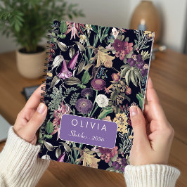 Elegant zwart bloemmotief bloemen bladeren notitieboek