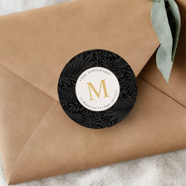 Elegant Zwart Bloemmotief Gouden Monogram Retourad Ronde Sticker