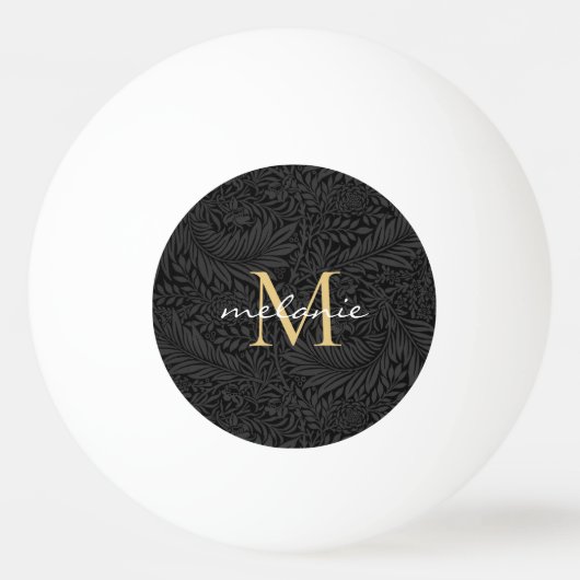 Elegant Zwart Bloemmotief Gouden Script Monogram Pingpongbal (Voorkant)