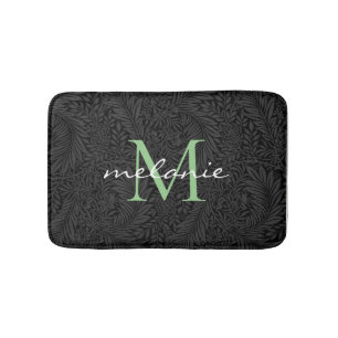 Elegant Zwart Bloemmotief Groen Schrift Monogram Badmat