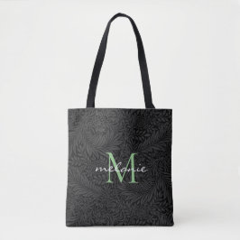 Elegant Zwart Bloemmotief Groen Schrift Monogram Tote Bag