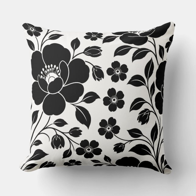 Elegant zwart bloemmotief kussen (Voorkant)