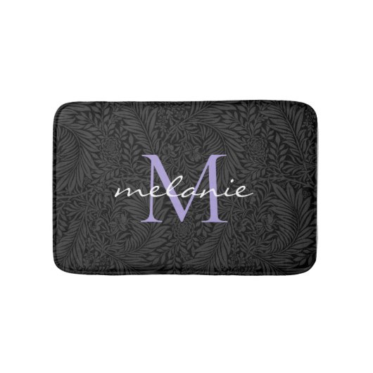 Elegant zwart bloemmotief lavendel script monogram badmat (Voorkant)